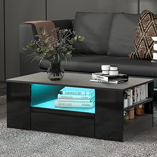 OKMYHOME Couchtisch schwarz mit 2 Schubladen, 2 Regalen und LED-Beleuchtung, Oberfläche glänzend, 95 x 53 x 37 cm, Schwarz von OKMYHOME