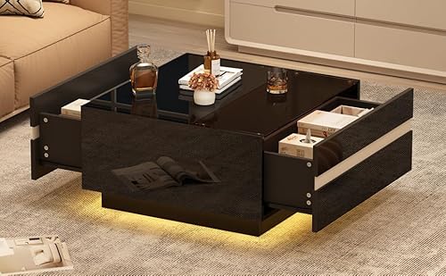 OKMYHOME Couchtisch schwarz mit 2 asymmetrischen Schubladen und LED über App, Spanplatte und Hartglas, 70 x 70 x 36 cm – Schwarz OKMYHOME Couchtisch schwarz mit 2 asymmetrischen Schubladen und LED über App, Spanplatte und Hartglas, 70 x 70 x 36 cm – Schwarz von OKMYHOME
