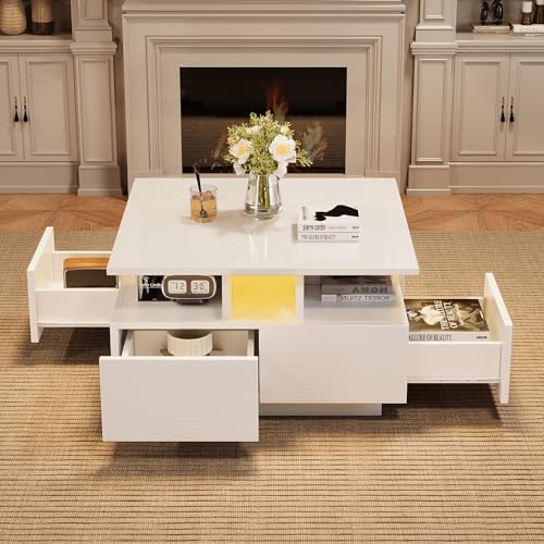 OKMYHOME Couchtisch weiß mit 4 Schubladen und LED über App, 3-stufiges Design, Spanplatte, 70 x 70 x 40 cm – Weiß von OKMYHOME