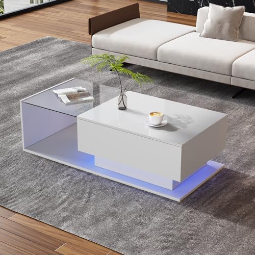 OKMYHOME Couchtisch weiß mit LED, 1 Schublade und Tischplatte aus Glas, glänzend, kratzfest, modernes Design, 100 x 50 x 32 cm – Weiß OKMYHOME Couchtisch weiß mit LED, 1 Schublade und Tischplatte aus Glas, glänzend, kratzfest, modernes Design, 100 x 50 x 32 cm – Weiß von OKMYHOME