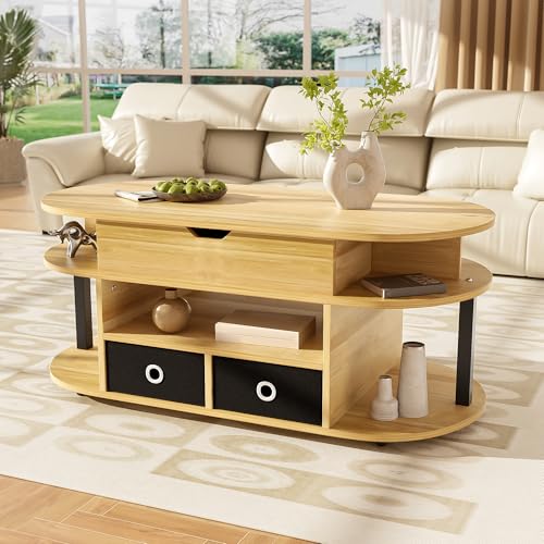 OKMYHOME Couchtische – Couchtisch klappbar mit 2 Schubladen aus Stoff und Stauraum – 105 x 50 x 60 cm – Holz + Schwarz von OKMYHOME