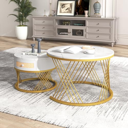OKMYHOME Couchtische – Set mit 2 Tischen, rund, MDF-Platte in Marmoroptik, elegante Metallstruktur, 70 x 45,5 und 50 x 38,5 cm – Weiß und Gold von OKMYHOME