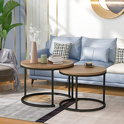 OKMYHOME Couchtische – Set mit 2 Tischen, rund, modernes Design für Wohnzimmer, robuste MDF-Platte und Metallbeine – Natur OKMYHOME Couchtische – Set mit 2 Tischen, rund, modernes Design für Wohnzimmer, robuste MDF-Platte und Metallbeine – Natur von OKMYHOME
