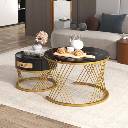 OKMYHOME Couchtische – Set mit 2 runden Beistelltischen, MDF-Platte, Marmoreffekt, elegante und langlebige Metallstruktur – Schwarz und Gold OKMYHOME Couchtische – Set mit 2 runden Beistelltischen, MDF-Platte, Marmoreffekt, elegante und langlebige Metallstruktur – Schwarz und Gold von OKMYHOME