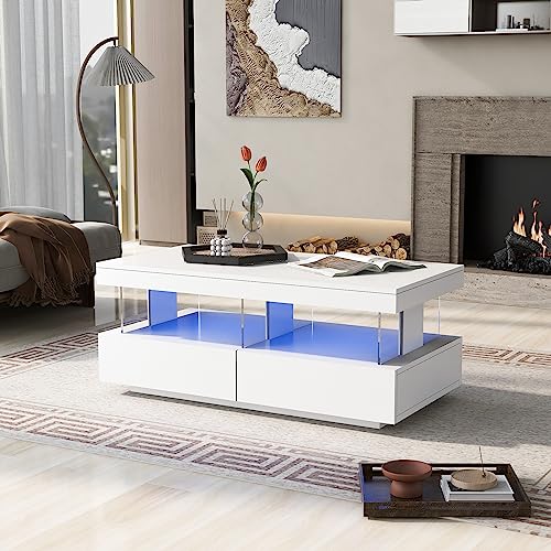 OKMYHOME Couchtische – moderner rechteckiger Couchtisch mit mehrfarbiger LED-Beleuchtung und 2 Schubladen zur Aufbewahrung – Weiß von OKMYHOME