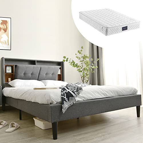 OKMYHOME Déco-Bett 140 x 200 cm – Doppelbett mit Schubladen, USB und LED – Massivholz, Leinen, Metall – mit Matratze – Grau von OKMYHOME