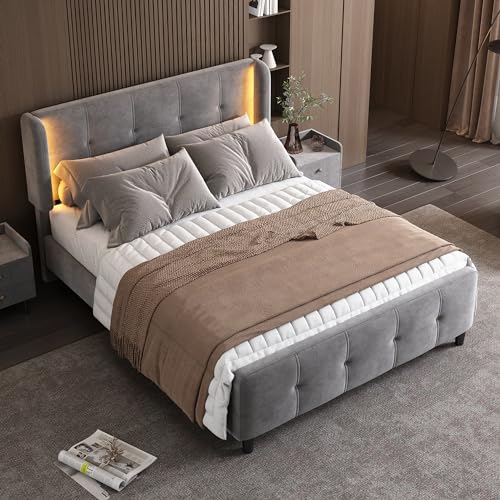 OKMYHOME Doppelbett, 140 x 200 cm, gepolstert, mit LED-Streifen, 16 Farben, ohne Matratze, Velours, Grau OKMYHOME Doppelbett, 140 x 200 cm, gepolstert, mit LED-Streifen, 16 Farben, ohne Matratze, Velours, Grau von OKMYHOME