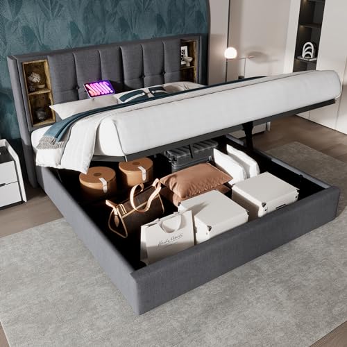 OKMYHOME Doppelbett, 140 x 200 cm, gepolstert, mit kabellosem Laden und USB-C-Anschlüssen, Holzrost inklusive, ohne Matratze, Grau, ohne Matratze OKMYHOME Doppelbett, 140 x 200 cm, gepolstert, mit kabellosem Laden und USB-C-Anschlüssen, Holzrost inklusive, ohne Matratze, Grau, ohne Matratze von OKMYHOME