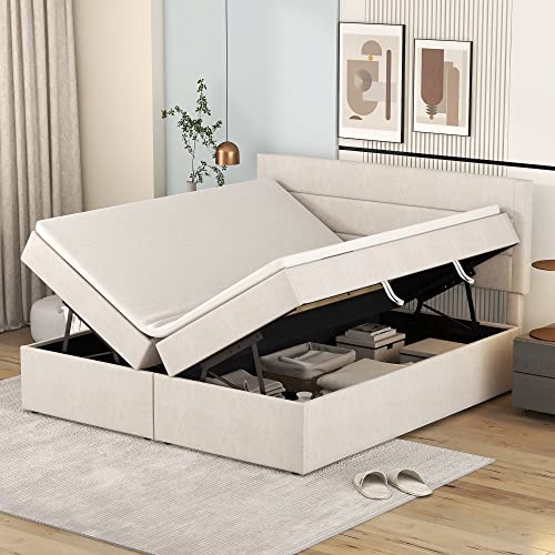OKMYHOME Doppelbett, 140 x 200 cm – Bett mit großer Stauraum und beidseitiger Öffnung – Metall- und Leinenstruktur – Beige von OKMYHOME