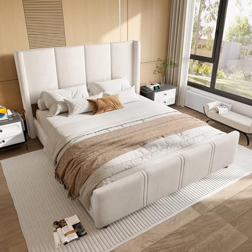 OKMYHOME Doppelbett, 160 x 200 cm, gepolstert, für Erwachsene, mit hohem Kopfteil und USB, Samt, ohne Matratze, Beige von OKMYHOME