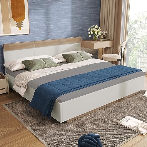 OKMYHOME Doppelbett, 160 x 200 cm, schwimmendes Bett für Erwachsene, aus Massivholz, mit Lattenrost, Massivholz, ohne Matratze, Natur von OKMYHOME