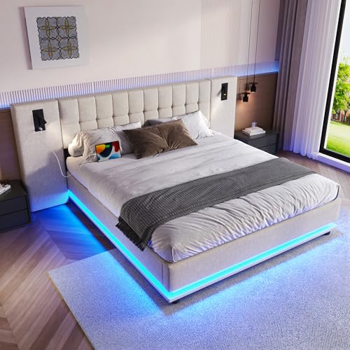 OKMYHOME Doppelbett, 180 x 200 cm, gepolstert, mit LED-Kopfteil und USB-Stecker, Leinen + MDF, ohne Matratze, Beige von OKMYHOME