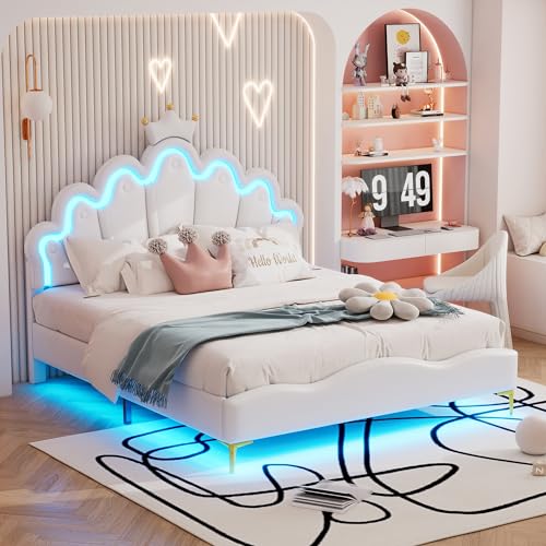 OKMYHOME Doppelbett 140 x 200 cm – Kinderbett mit LED-Streifen – PU-Leder + MDF + Metall – ohne Matratze – Weiß von OKMYHOME