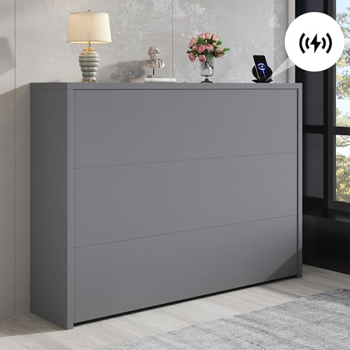 OKMYHOME Eckschreibtisch, 115 x 27 x 93 cm – Sideboard mit klappbarem Schreibtisch, 2-in-1, kabelloses Ladegerät, Rollen und Kippschutz – Grau matt von OKMYHOME