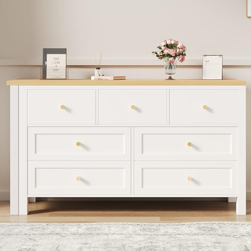 OKMYHOME Eckschreibtisch, 120 x 40 x 70 cm – Sideboard mit Schreibtisch 2-in-1, 7 Schubladen, 360° drehbare Platte, seitliche Aufbewahrung – Weiß/Natur von OKMYHOME