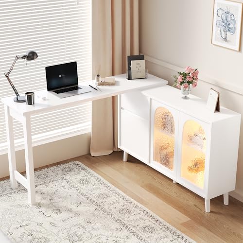 OKMYHOME Eckschreibtisch, 120 x 40 x 78 cm – mit LED und Sideboard 2-in-1, drehbar 360 °, Tür aus Acryl, praktische Arbeitsplatte – Weiß von OKMYHOME
