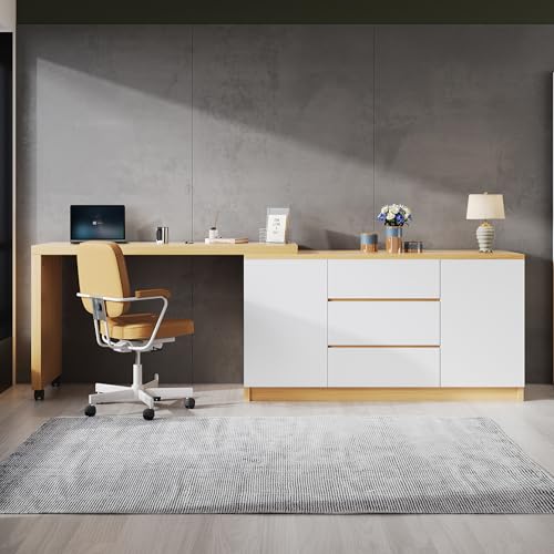 OKMYHOME Eckschreibtisch, 120 x 50 x 76,5 cm, klappbar, mit 4 drehbaren Ablagen und Sideboard, feststellbare Rollen, multifunktionales Design – Weiß/Eiche von OKMYHOME