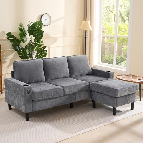OKMYHOME Ecksofa, modular, 3-Sitzer, mit USB- und Typ-C-Anschlüssen, Getränkehalter, moderner Stil, Leinenbezug, Grau von OKMYHOME