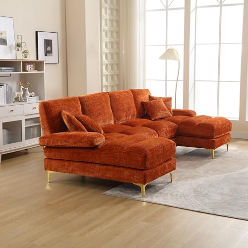 OKMYHOME Ecksofa, modular, 4-Sitzer, U--Shape mit Armlehnen und gepolstertem Kissen, Metallbeine, Chenille, Orange von OKMYHOME
