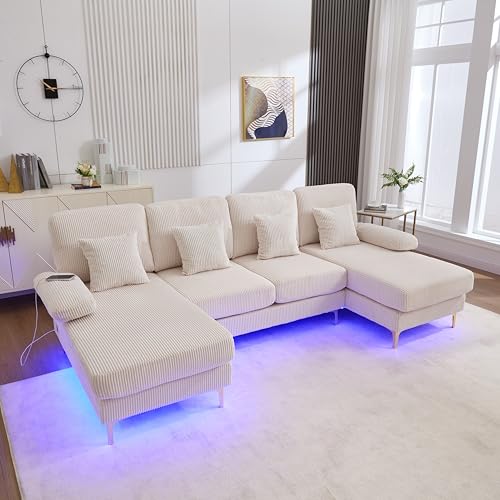 OKMYHOME Ecksofa, modular, 4-Sitzer, moderner Stil, mit LED-Beleuchtung und USB-C-Anschluss – 4 Kissen inklusive – Samt – Beige von OKMYHOME