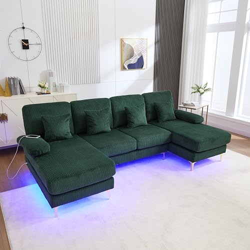 OKMYHOME Ecksofa, modular, 4-Sitzer, moderner Stil, mit LED-Beleuchtung und USB-C-Anschluss – 4 Kissen inklusive – Samt – Smaragd von OKMYHOME
