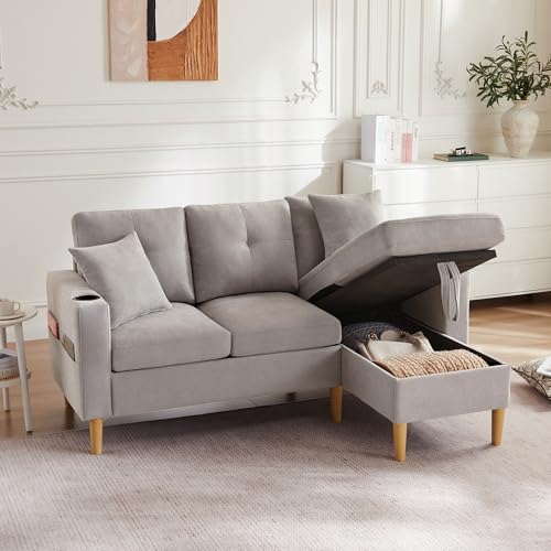 OKMYHOME Ecksofa 3-Sitzer – Ecksofa mit Chaiselongue, integrierter Stauraum und Getränkehalter, 2 Kissen inklusive, Baumwoll-Leinen-Stoff, Hellgrau von OKMYHOME