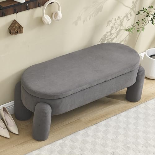 OKMYHOME Eingangsmöbel – Sitzbank mit Truhe, Bank Truhe für Schlafzimmer, Eingangsbereich oder Wohnzimmer, gepolsterte Sitzfläche aus Chenille-Stoff und Massivholz, 112 x 43 x 43 cm, grau von OKMYHOME