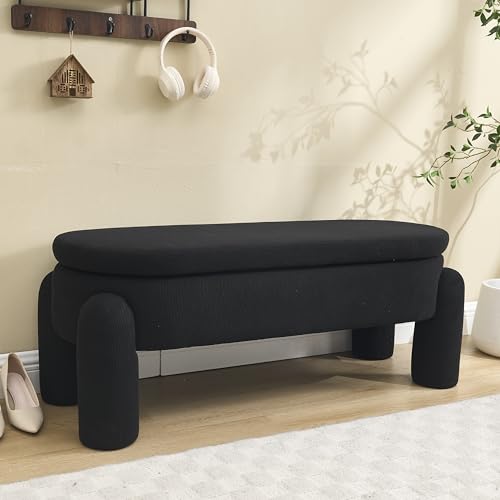 OKMYHOME Eingangsmöbel – Sitzbank mit Truhe, Sitztruhe für Schlafzimmer, Eingangsbereich oder Wohnzimmer, gepolsterte Sitzfläche aus Chenille-Stoff und Massivholz, 112 x 43 x 43 cm, Schwarz von OKMYHOME