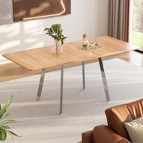 OKMYHOME Esstisch, ausziehbar, rechteckige Tischplatte mit silberfarbenen verchromten Füßen, MDF und Metall, naturfarben – 180 x 80 x 75 cm OKMYHOME Esstisch, ausziehbar, rechteckige Tischplatte mit silberfarbenen verchromten Füßen, MDF und Metall, naturfarben – 180 x 80 x 75 cm von OKMYHOME