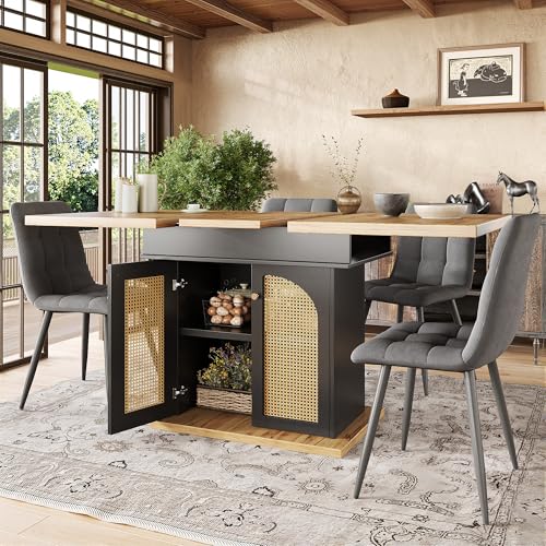 OKMYHOME Esstisch – ausziehbarer Esstisch mit Türen aus PE-Rattan, multifunktionaler Klapptisch aus MDF und Metall, 110-140 x 80 x 75 cm, Schwarz von OKMYHOME