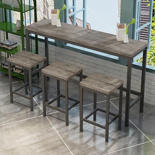 OKMYHOME Esstisch- und Stuhl-Set – rechteckiger Tisch mit 3 Hockern, MDF und Metall, 148 x 40 cm, Braun/Grau von OKMYHOME