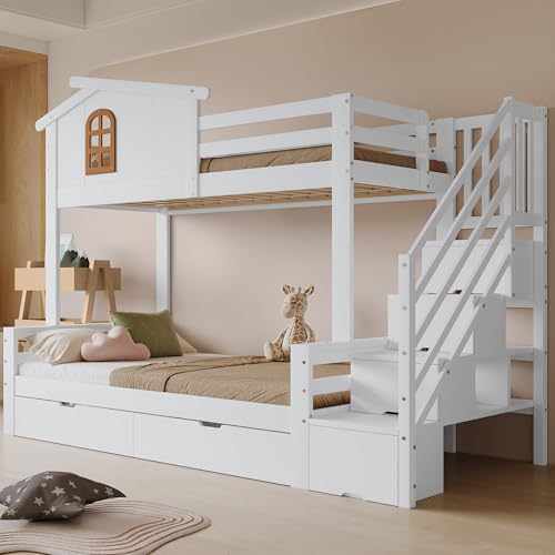 OKMYHOME Etagenbett 90 x 200 cm – Etagenbett für Kinder, Hütte mit Fenstern und Seitentreppe, 2 Aufbewahrungsfächer, Kiefernholz und MDF – Weiß und Natur OKMYHOME Etagenbett 90 x 200 cm – Etagenbett für Kinder, Hütte mit Fenstern und Seitentreppe, 2 Aufbewahrungsfächer, Kiefernholz und MDF – Weiß und Natur von OKMYHOME