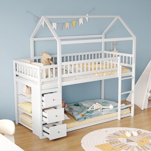 OKMYHOME Etagenbett 90 x 200 cm – Kinderbett kombiniert Hütte aus Holz mit Stauraum, Barrieren und Leiter – Weiß OKMYHOME Etagenbett 90 x 200 cm – Kinderbett kombiniert Hütte aus Holz mit Stauraum, Barrieren und Leiter – Weiß von OKMYHOME