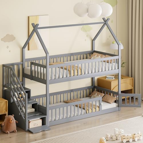 OKMYHOME Etagenbett 90 x 200 cm – Kinderbett mit Aufbewahrung und Dach, Sicherheitsleiter und Korpusschutz, ohne Matratze – Massivholz, grau OKMYHOME Etagenbett 90 x 200 cm – Kinderbett mit Aufbewahrung und Dach, Sicherheitsleiter und Korpusschutz, ohne Matratze – Massivholz, grau von OKMYHOME