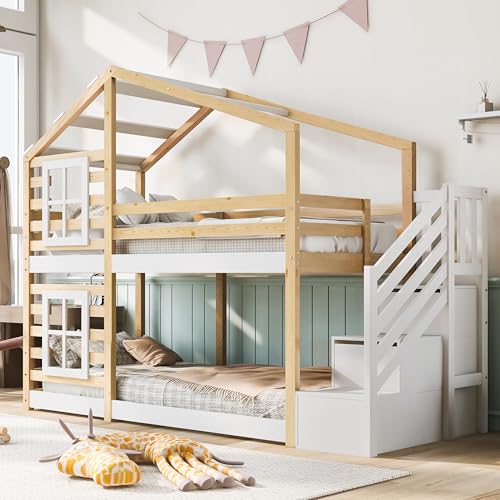 OKMYHOME Etagenbett 90 x 200 cm – Kinderbett mit Aufbewahrungstreppe – Kiefer massiv – ohne Matratze – Natur & Weiß von OKMYHOME