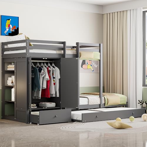 OKMYHOME Etagenbett 90 x 200 cm – Kinderbett mit Ausziehbett, Schubladen und Treppe, integrierter Kleiderschrank, ohne Matratze, Grau OKMYHOME Etagenbett 90 x 200 cm – Kinderbett mit Ausziehbett, Schubladen und Treppe, integrierter Kleiderschrank, ohne Matratze, Grau von OKMYHOME