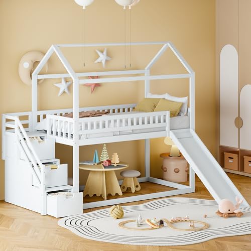 OKMYHOME Etagenbett 90 x 200 cm – Kinderbett mit Rutsche, Aufbewahrungsleiter und Schubladen – ohne Matratze – Holz und MDF – Weiß von OKMYHOME