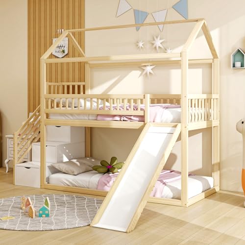 OKMYHOME Etagenbett 90 x 200 cm – Kinderbett mit Rutsche und Aufbewahrungsleiter – ohne Matratze – Massivholz, Metall und MDF – Naturholz OKMYHOME Etagenbett 90 x 200 cm – Kinderbett mit Rutsche und Aufbewahrungsleiter – ohne Matratze – Massivholz, Metall und MDF – Naturholz von OKMYHOME