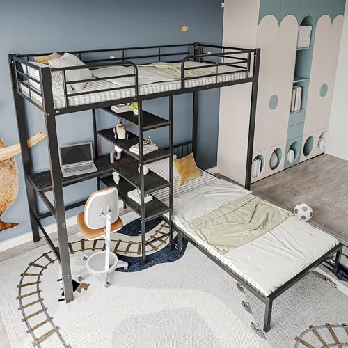 OKMYHOME Etagenbett 90 x 200 cm – Kinderbett mit Tisch, Regalen und 4 seitlichen Barrieren – Eisen + Metall – ohne Matratze – Schwarz OKMYHOME Etagenbett 90 x 200 cm – Kinderbett mit Tisch, Regalen und 4 seitlichen Barrieren – Eisen + Metall – ohne Matratze – Schwarz von OKMYHOME