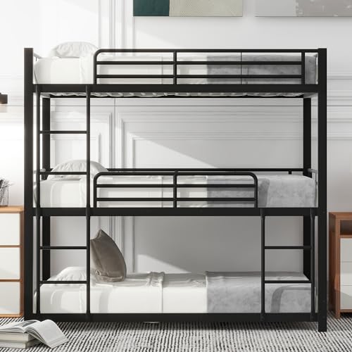 OKMYHOME Etagenbett für Dreifach, 90 x 200 cm, Kinderbett mit 3 Schichten und Schutzbarrieren, Struktur aus Metall, ohne Matratze, Schwarz OKMYHOME Etagenbett für Dreifach, 90 x 200 cm, Kinderbett mit 3 Schichten und Schutzbarrieren, Struktur aus Metall, ohne Matratze, Schwarz von OKMYHOME