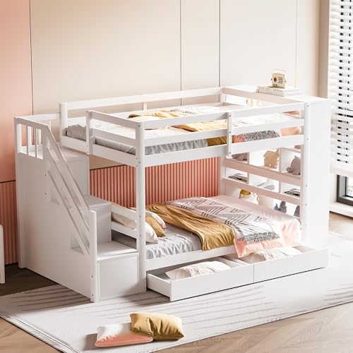 OKMYHOME Etagenbett für Kinder, 90 x 200 cm, Etagenbett mit sicherer Treppe und Stauraum, Kiefer massiv und MDF, weiß, OKMYHOME Etagenbett für Kinder, 90 x 200 cm, Etagenbett mit sicherer Treppe und Stauraum, Kiefer massiv und MDF, weiß, von OKMYHOME