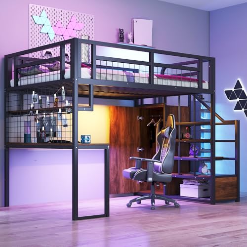 OKMYHOME Hochbett, 140 x 200 cm – Metallbett, Jugendbett mit integriertem Schreibtisch, Regalen und Stauraum – ohne Matratze – Schwarz OKMYHOME Hochbett, 140 x 200 cm – Metallbett, Jugendbett mit integriertem Schreibtisch, Regalen und Stauraum – ohne Matratze – Schwarz von OKMYHOME