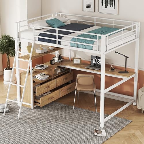 OKMYHOME Hochbett 140 x 200 cm – Bett mit Stauraum und Schreibtisch in L, Juniorbett aus Metall, ohne Matratze – Weiß von OKMYHOME