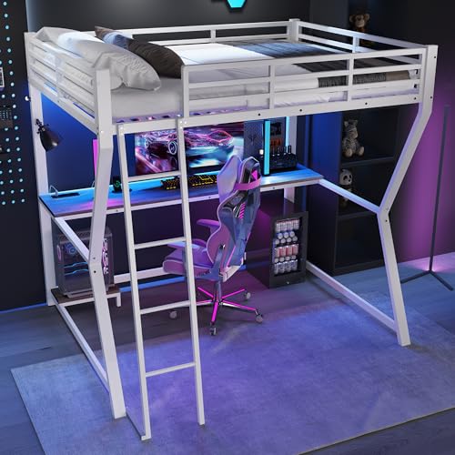OKMYHOME Hochbett 140 x 200 cm – Dekobett mit integriertem Schreibtisch, USB- und LED-Anschlüssen, sichere Treppe – Metall und MDF – ohne Matratze – Weiß OKMYHOME Hochbett 140 x 200 cm – Dekobett mit integriertem Schreibtisch, USB- und LED-Anschlüssen, sichere Treppe – Metall und MDF – ohne Matratze – Weiß von OKMYHOME