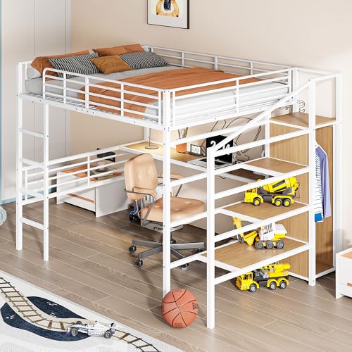 OKMYHOME Hochbett 140 x 200 cm Hochbett mit Schreibtisch und Aufbewahrungsstufen - Metall und MDF - ohne Matratze - Weiß von OKMYHOME