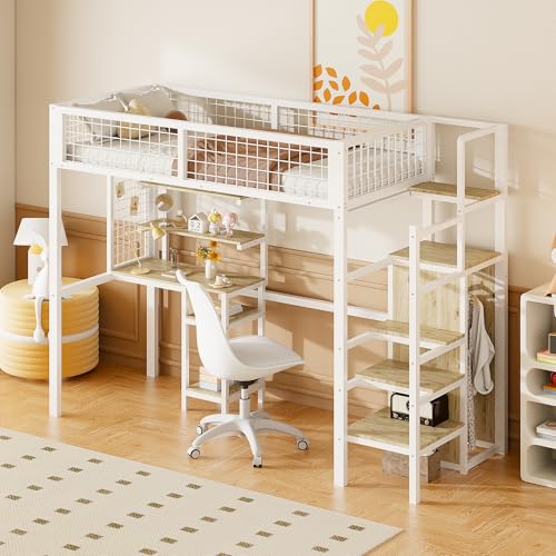 OKMYHOME Hochbett 90 x 200 cm, Jugendbett mit Schreibtisch und Kleiderschrank, sichere Leiter und Aufbewahrung, robuste Metallstruktur, ohne Matratze, Weiß von OKMYHOME