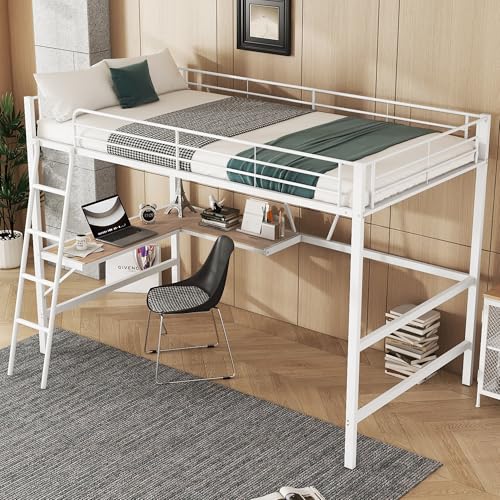 OKMYHOME Hochbett 90 x 200 cm – Bett mit L-Schreibtisch und Regal – Metall + MDF – ohne Matratze – Weiß von OKMYHOME