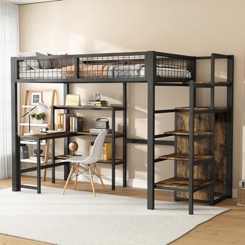 OKMYHOME Hochbett 90 x 200 cm – Bett mit integriertem Schreibtisch und Regalen – Metall + MDF – ohne Matratze – Schwarz OKMYHOME Hochbett 90 x 200 cm – Bett mit integriertem Schreibtisch und Regalen – Metall + MDF – ohne Matratze – Schwarz von OKMYHOME