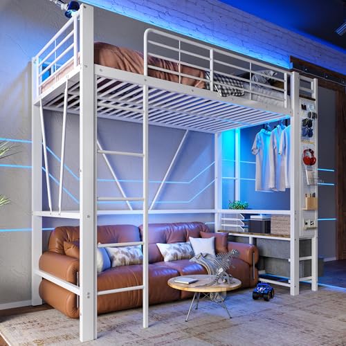 OKMYHOME Hochbett 90 x 200 cm – Dekobett mit Schreibtisch und Aufbewahrung – Metall und MDF – mit Matratze – Schwarz OKMYHOME Hochbett 90 x 200 cm – Dekobett mit Schreibtisch und Aufbewahrung – Metall und MDF – mit Matratze – Schwarz von OKMYHOME