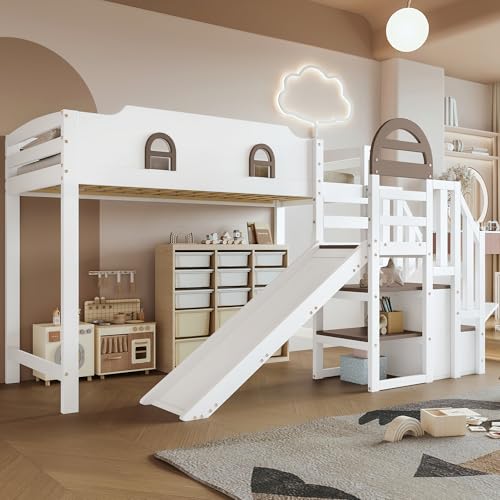 OKMYHOME Hochbett 90 x 200 cm – Einzelbett für Kinder mit Rutsche, Treppe und Aufbewahrungsregal – Kiefer und MDF – Weiß und Braun OKMYHOME Hochbett 90 x 200 cm – Einzelbett für Kinder mit Rutsche, Treppe und Aufbewahrungsregal – Kiefer und MDF – Weiß und Braun von OKMYHOME